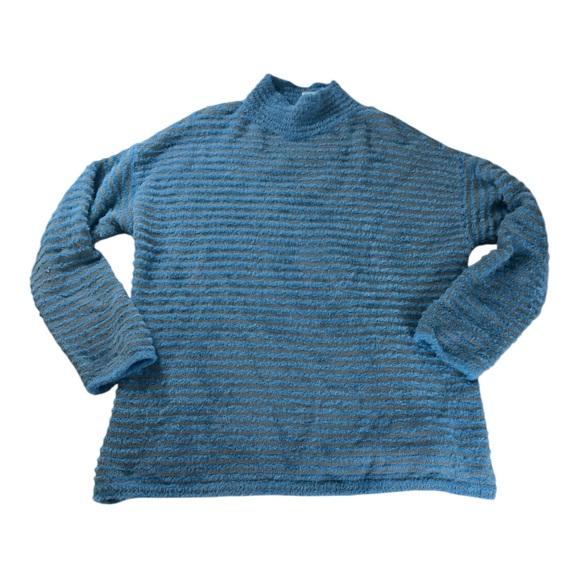 Chico's Zenergy Womens Blue Gray Cozy Striped Mock Neck Pullover Sweater Size 2 - Picture 1 of 6